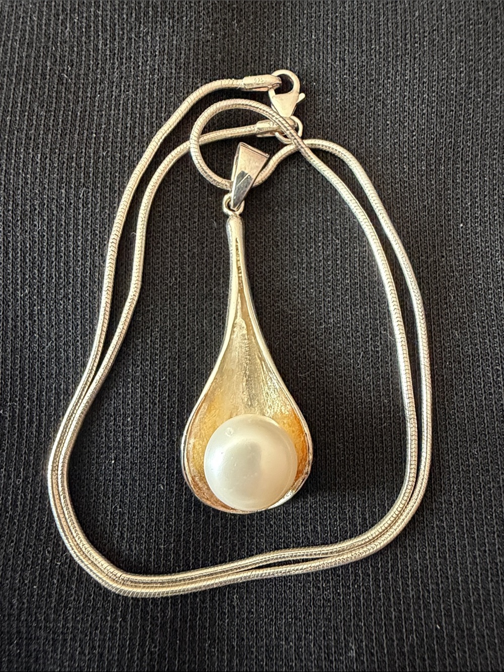 925 sterling silver Calla Lily flower necklace with large natural pearl